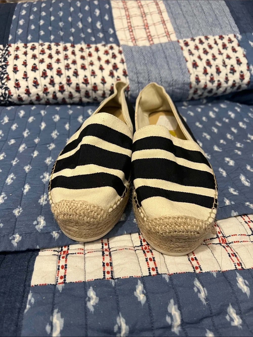 Nine West Black and Cream Striped Espadrille Flats